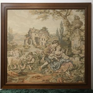 Large Classical French Aubusson Style Needle Point Tapestry In Elm Wood Frame Classical House And Garden With Family Playing With Lambs Stunning Pastels Silk Embroidered Work Of Art Set In Elm Wood Frame Dimensions In Inches Height 31 3/4” Width 33.5” Depth Frame 1/2”