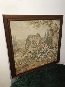 Large Classical French Aubusson Style Needle Point Tapestry In Elm Wood Frame Classical House And Garden With Family Playing With Lambs Stunning Pastels Silk Embroidered Work Of Art Set In Elm Wood Frame Dimensions In Inches Height 31 3/4” Width 33.5” Depth Frame 1/2”