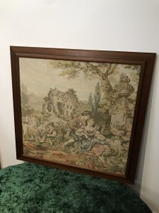 Large Classical French Aubusson Style Needle Point Tapestry In Elm Wood Frame Classical House And Garden With Family Playing With Lambs Stunning Pastels Silk Embroidered Work Of Art Set In Elm Wood Frame Dimensions In Inches Height 31 3/4” Width 33.5” Depth Frame 1/2”