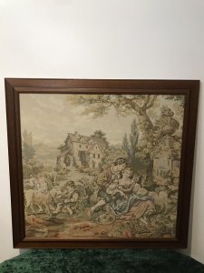Large Classical French Aubusson Style Needle Point Tapestry In Elm Wood Frame Classical House And Garden With Family Playing With Lambs Stunning Pastels Silk Embroidered Work Of Art Set In Elm Wood Frame Dimensions In Inches Height 31 3/4” Width 33.5” Depth Frame 1/2”