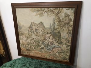 Large Classical French Aubusson Style Needle Point Tapestry In Elm Wood Frame Classical House And Garden With Family Playing With Lambs Stunning Pastels Silk Embroidered Work Of Art Set In Elm Wood Frame Dimensions In Inches Height 31 3/4” Width 33.5” Depth Frame 1/2”