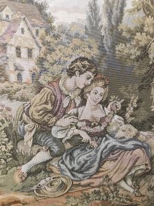 Large Classical French Aubusson Style Needle Point Tapestry In Elm Wood Frame Classical House And Garden With Family Playing With Lambs Stunning Pastels Silk Embroidered Work Of Art Set In Elm Wood Frame Dimensions In Inches Height 31 3/4” Width 33.5” Depth Frame 1/2”