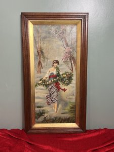 Austrian Viennese Winter Landscape With Enchanting Woman Holding Floral Garland Circa - 1870 Composition - Oil On Canvas Listing Description Stunning Victorian Era Viennese Oil Painting, Depicting The Winter Thaw Of A Snowy Landscape Moving Into Spring. The Trees Reveal Their First Leaves And Blossoms Open Out To Cover The Sparse Tree Stalks. A Prominent Female Figure Stands To The Front Of The Landscape. The Enchanting Lady Bares A Angelic Face, Her Elaborate Dress Created From Lashings Of Gathered Fabric, Ties Around Her Waist With A Ruby Red Sash, Whilst A Opulent Flower Filled Garland Binds Around Her Hands & Neck.Beautiful Oil Painting In Vibrant Colours Painted By Accomplished Artist. Artwork Unsigned And Set In A Solid Oak Frame. Condition - Very Good Signs Of Wear To Canvas Minor Tears Visible Conducive To Age. Dimensions In Inches Height 33 1/4" X Width17.5" For Further Information Please Call The Curator On 07707 488 566 Thank-you