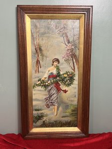 Austrian Viennese Winter Landscape With Enchanting Woman Holding Floral Garland Circa - 1870 Composition - Oil On Canvas Listing Description Stunning Victorian Era Viennese Oil Painting, Depicting The Winter Thaw Of A Snowy Landscape Moving Into Spring. The Trees Reveal Their First Leaves And Blossoms Open Out To Cover The Sparse Tree Stalks. A Prominent Female Figure Stands To The Front Of The Landscape. The Enchanting Lady Bares A Angelic Face, Her Elaborate Dress Created From Lashings Of Gathered Fabric, Ties Around Her Waist With A Ruby Red Sash, Whilst A Opulent Flower Filled Garland Binds Around Her Hands & Neck.Beautiful Oil Painting In Vibrant Colours Painted By Accomplished Artist. Artwork Unsigned And Set In A Solid Oak Frame. Condition - Very Good Signs Of Wear To Canvas Minor Tears Visible Conducive To Age. Dimensions In Inches Height 33 1/4" X Width17.5" For Further Information Please Call The Curator On 07707 488 566 Thank-you