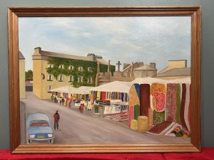 British Contemporary Art ' Market Day Kirby Lonsdale' Oil Painting Title - Market Day, Kirby Lonsdale Artist - Lawrence Crane Listing Description Vibrant Contemporary Artwork Of Kirby Lonsdales Market Charter Started In 1227. Originally Located At The Corner Of The Main Street And Market Street Before Being Located To The Towns Elegant Georgian Square, Overlooked At One End by The Royal Hotel, Made Famous By A Visit By Queen Adelaide in 1840, And The Other End By The Old Bank. Monument At The centre Of The Square Was Built In 1903 And Originally Had A Gothic Pinnacle Top Which Was Removed In The 1940s With Fear Of Structural Integrity. Wonderful Artwork With Architectural Merit Showcases Street View Of Bustling Market With Stall Holders Selling Lavishly Colour Blocked Goods, Including Clothing And Carpets. Top View Of Famous Historical Monument And Ivy Covered 'The Royal Hotel'. Signed By Artist And Set In Oak Frame. Dimensions In Cm Height 50.5cm x Width 66cm