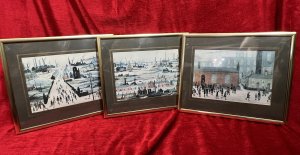 Contemporary Art Trio Of Vintage L S Lowry Framed Lithographs Artist - L S Lowry Composition - Lithograph Prints Ink On Vellum Circa - 1960 Brief Artist History Laurence Stephen Lowry 1887-1976 Born into a middle class family and raised in the leafy outskirts of Manchester. Lowrys famous for painting scenes of life in in industrial districts of the North West Of England, where he lived and worked for more than 40 years. He developed a distinctive style of Nieve painting and is best known for his urban landscapes with multiple figures referred to as "Matchstick men". Lowry was never a full time artist. In his early 20's he took a job as a rent collector, and this would be his primary trade for four decades. Although Lowry painted most days after work, Often late into the night, and firmly rejected the term 'Sunday Painter' Remarking 'I'm a Sunday painter that paints every day of the week!" Lowry never adopted a impressionist colour palette and claimed to use five colours vermillion, ivory black, Prussian blue, yellow ochre and flake white. A large collection of Lowrys artworks are on permanent display in 'The Lowry Art Gallery' Salford Quays, named in his honour. Listing Description Trio Of Vintage L S Lowry Lithographs Set And Mounted In Glazed Brass Frames. Artwork Titles - Coming Out of School 1950, The Canal Bridge 1949 & Industrial Landscape River Scene 1950. Condition - Very Good Minor Crack In Glass Front Please See Images Dimensions In Cms Height 26cm X Width 30.5cm