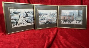 Contemporary Art Trio Of Vintage L S Lowry Framed Lithographs Artist - L S Lowry Composition - Lithograph Prints Ink On Vellum Circa - 1960 Brief Artist History Laurence Stephen Lowry 1887-1976 Born into a middle class family and raised in the leafy outskirts of Manchester. Lowrys famous for painting scenes of life in in industrial districts of the North West Of England, where he lived and worked for more than 40 years. He developed a distinctive style of Nieve painting and is best known for his urban landscapes with multiple figures referred to as "Matchstick men". Lowry was never a full time artist. In his early 20's he took a job as a rent collector, and this would be his primary trade for four decades. Although Lowry painted most days after work, Often late into the night, and firmly rejected the term 'Sunday Painter' Remarking 'I'm a Sunday painter that paints every day of the week!" Lowry never adopted a impressionist colour palette and claimed to use five colours vermillion, ivory black, Prussian blue, yellow ochre and flake white. A large collection of Lowrys artworks are on permanent display in 'The Lowry Art Gallery' Salford Quays, named in his honour. Listing Description Trio Of Vintage L S Lowry Lithographs Set And Mounted In Glazed Brass Frames. Artwork Titles - Coming Out of School 1950, The Canal Bridge 1949 & Industrial Landscape River Scene 1950. Condition - Very Good Minor Crack In Glass Front Please See Images Dimensions In Cms Height 26cm X Width 30.5cm