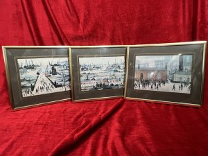 Contemporary Art Trio Of Vintage L S Lowry Framed Lithographs Artist - L S Lowry Composition - Lithograph Prints Ink On Vellum Circa - 1960 Brief Artist History Laurence Stephen Lowry 1887-1976 Born into a middle class family and raised in the leafy outskirts of Manchester. Lowrys famous for painting scenes of life in in industrial districts of the North West Of England, where he lived and worked for more than 40 years. He developed a distinctive style of Nieve painting and is best known for his urban landscapes with multiple figures referred to as "Matchstick men". Lowry was never a full time artist. In his early 20's he took a job as a rent collector, and this would be his primary trade for four decades. Although Lowry painted most days after work, Often late into the night, and firmly rejected the term 'Sunday Painter' Remarking 'I'm a Sunday painter that paints every day of the week!" Lowry never adopted a impressionist colour palette and claimed to use five colours vermillion, ivory black, Prussian blue, yellow ochre and flake white. A large collection of Lowrys artworks are on permanent display in 'The Lowry Art Gallery' Salford Quays, named in his honour. Listing Description Trio Of Vintage L S Lowry Lithographs Set And Mounted In Glazed Brass Frames. Artwork Titles - Coming Out of School 1950, The Canal Bridge 1949 & Industrial Landscape River Scene 1950. Condition - Very Good Minor Crack In Glass Front Please See Images Dimensions In Cms Height 26cm X Width 30.5cm