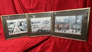 Contemporary Art Trio Of Vintage L S Lowry Framed Lithographs Artist - L S Lowry Composition - Lithograph Prints Ink On Vellum Circa - 1960 Brief Artist History Laurence Stephen Lowry 1887-1976 Born into a middle class family and raised in the leafy outskirts of Manchester. Lowrys famous for painting scenes of life in in industrial districts of the North West Of England, where he lived and worked for more than 40 years. He developed a distinctive style of Nieve painting and is best known for his urban landscapes with multiple figures referred to as "Matchstick men". Lowry was never a full time artist. In his early 20's he took a job as a rent collector, and this would be his primary trade for four decades. Although Lowry painted most days after work, Often late into the night, and firmly rejected the term 'Sunday Painter' Remarking 'I'm a Sunday painter that paints every day of the week!" Lowry never adopted a impressionist colour palette and claimed to use five colours vermillion, ivory black, Prussian blue, yellow ochre and flake white. A large collection of Lowrys artworks are on permanent display in 'The Lowry Art Gallery' Salford Quays, named in his honour. Listing Description Trio Of Vintage L S Lowry Lithographs Set And Mounted In Glazed Brass Frames. Artwork Titles - Coming Out of School 1950, The Canal Bridge 1949 & Industrial Landscape River Scene 1950. Condition - Very Good Minor Crack In Glass Front Please See Images Dimensions In Cms Height 26cm X Width 30.5cm