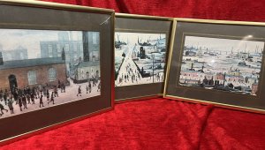 Contemporary Art Trio Of Vintage L S Lowry Framed Lithographs Artist - L S Lowry Composition - Lithograph Prints Ink On Vellum Circa - 1960 Brief Artist History Laurence Stephen Lowry 1887-1976 Born into a middle class family and raised in the leafy outskirts of Manchester. Lowrys famous for painting scenes of life in in industrial districts of the North West Of England, where he lived and worked for more than 40 years. He developed a distinctive style of Nieve painting and is best known for his urban landscapes with multiple figures referred to as "Matchstick men". Lowry was never a full time artist. In his early 20's he took a job as a rent collector, and this would be his primary trade for four decades. Although Lowry painted most days after work, Often late into the night, and firmly rejected the term 'Sunday Painter' Remarking 'I'm a Sunday painter that paints every day of the week!" Lowry never adopted a impressionist colour palette and claimed to use five colours vermillion, ivory black, Prussian blue, yellow ochre and flake white. A large collection of Lowrys artworks are on permanent display in 'The Lowry Art Gallery' Salford Quays, named in his honour. Listing Description Trio Of Vintage L S Lowry Lithographs Set And Mounted In Glazed Brass Frames. Artwork Titles - Coming Out of School 1950, The Canal Bridge 1949 & Industrial Landscape River Scene 1950. Condition - Very Good Minor Crack In Glass Front Please See Images Dimensions In Cms Height 26cm X Width 30.5cm
