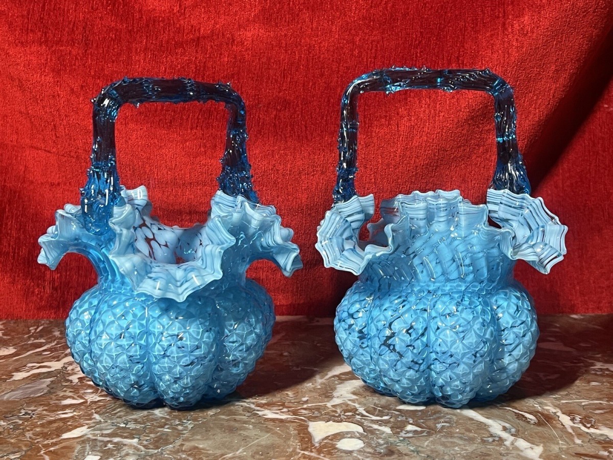 Primary image for Rare Pair Of Hand Blown Bristol Art Glass Basket Vases