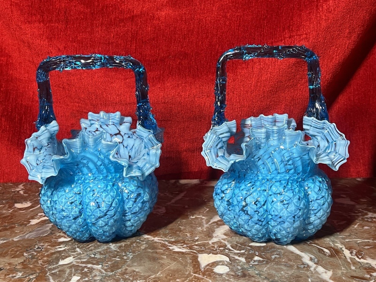 Rare Pair Of Hand Blown Bristol Art Glass Basket Vases
