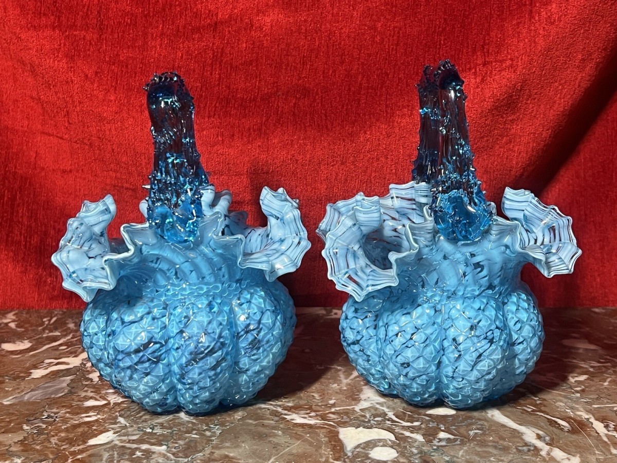 Rare Pair Of Hand Blown Bristol Art Glass Basket Vases