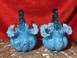 Rare Victorian Hand Blown Bristol Art Glass Basket Vases Circa - 1890 Composition - Glass Listing Description Wonderful And Highly Decorative Scalloped Shell Bristol Glass Basket Vases, With Fluted Mouth Openings And Thorn Carry Handles. Matching Pair In Perfect Condition. Dimensions In Inches Height 7.5" X Width 5.5"