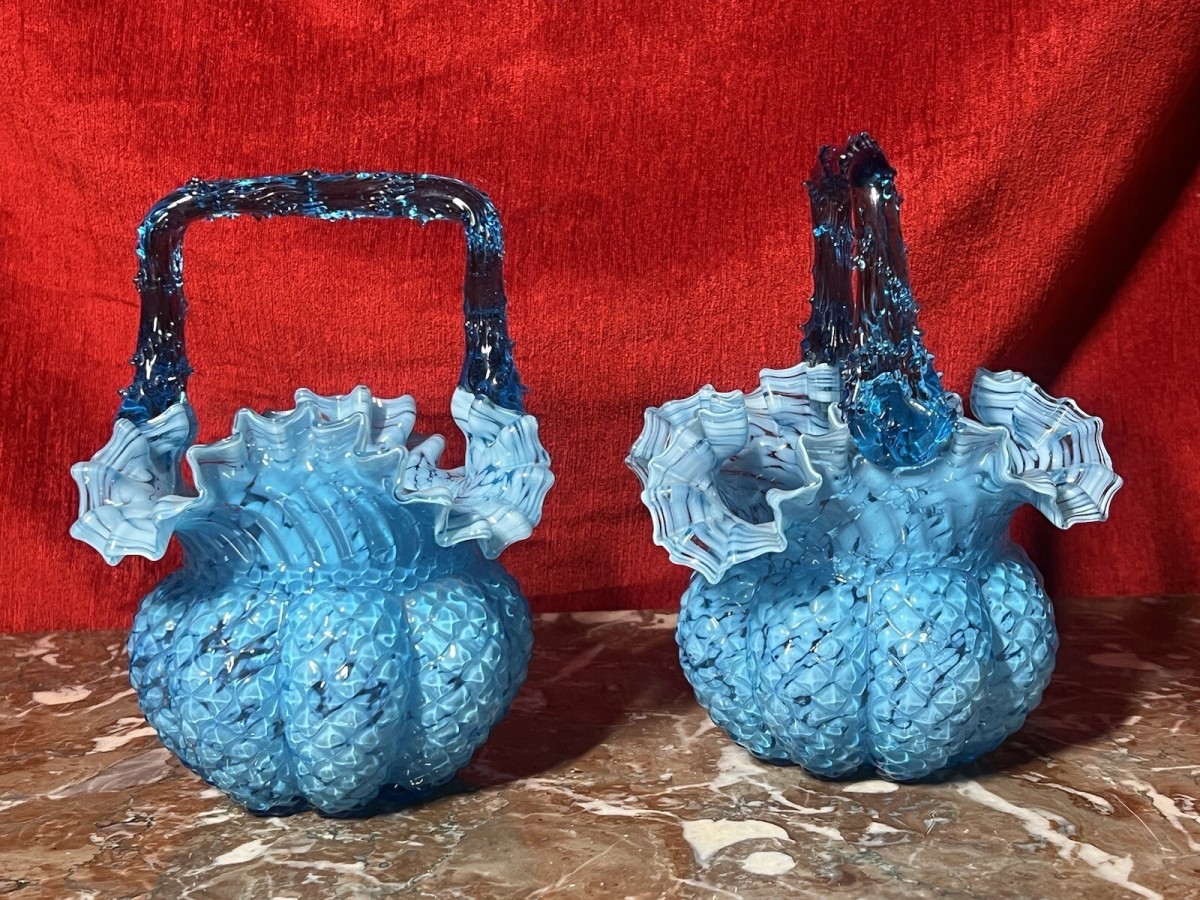Rare Pair Of Hand Blown Bristol Art Glass Basket Vases