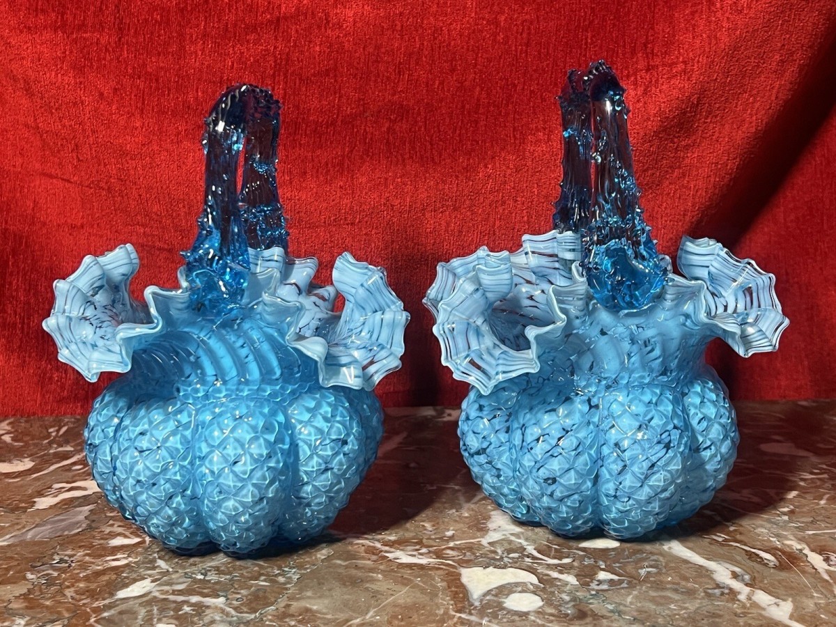 Rare Pair Of Hand Blown Bristol Art Glass Basket Vases
