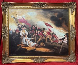 20th Century Historic Oil Painting 'The Battle Of Bunker Hill' By Artist Robert Lawson Composition - Oil On Canvas Circa - 1996 Artwork Title - The Death of General Warren At The Battle Of Bunker Hill June 17, 1777. Original Artwork In The Manner Of John Trumbull (1756-1843). This Artwork Is A Late 20th Century Reproduction Of The Original Artwork By Accomplished Artist Robert Warren. The Original Artwork Painted By John Trumbull Is Located At The Museum Of Fine Arts Boston, Massachusetts U.S. Artwork Overview The Battle At Bunkers Hill Is Considered To Be The Earliest Important Event In The War. The Artist Has Captured The Notable Behaviors Of the Parcipitants. Set Beneath A Smoke Filled Sky And Agaisnts A Chaotic background of The Laying Dead And Dying Men, The focus Is The Climatic Moment When American Major general Joseph Warren Is Mortally Wonded By A Musket Ball Just As The British Successfully Press Beyond Enemy Lines. Seizing A Bayonet Off A Grenadier Who Means To Avenge A Fallen Officer, British Major JohnSmalls Saves Expiring Warren From Being Stabbed. The Expressions On The Faces Of The Surrounding American Soldiers And The two Departing Figures (At Right) Lieutenant Thomas Grosvenor And his blackServant, combine The Concern For The Dying Warren And Astonishment At The Magnanimity Of Small. By Emphasising This Act Of Humanity Of The Enemy. Wonderful Historical Battle Scene For Elaborate Wall Display. A Fantastic Conversation Piece Of Historical Importance. Painted by Accomplished Hand And Set Inside Gilt Frame. Worthy Investment Artwork. Dimension In cms Height 74cm x Width 99cm For Further Information Please Call The Museum Curator On 07707 488566 Thank-you.