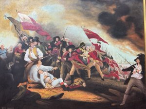 20th Century Historic Oil Painting 'The Battle Of Bunker Hill' By Artist Robert Lawson Composition - Oil On Canvas Circa - 1996 Artwork Title - The Death of General Warren At The Battle Of Bunker Hill June 17, 1777. Original Artwork In The Manner Of John Trumbull (1756-1843). This Artwork Is A Late 20th Century Reproduction Of The Original Artwork By Accomplished Artist Robert Warren. The Original Artwork Painted By John Trumbull Is Located At The Museum Of Fine Arts Boston, Massachusetts U.S. Artwork Overview The Battle At Bunkers Hill Is Considered To Be The Earliest Important Event In The War. The Artist Has Captured The Notable Behaviors Of the Parcipitants. Set Beneath A Smoke Filled Sky And Agaisnts A Chaotic background of The Laying Dead And Dying Men, The focus Is The Climatic Moment When American Major general Joseph Warren Is Mortally Wonded By A Musket Ball Just As The British Successfully Press Beyond Enemy Lines. Seizing A Bayonet Off A Grenadier Who Means To Avenge A Fallen Officer, British Major JohnSmalls Saves Expiring Warren From Being Stabbed. The Expressions On The Faces Of The Surrounding American Soldiers And The two Departing Figures (At Right) Lieutenant Thomas Grosvenor And his blackServant, combine The Concern For The Dying Warren And Astonishment At The Magnanimity Of Small. By Emphasising This Act Of Humanity Of The Enemy. Wonderful Historical Battle Scene For Elaborate Wall Display. A Fantastic Conversation Piece Of Historical Importance. Painted by Accomplished Hand And Set Inside Gilt Frame. Worthy Investment Artwork. Dimension In cms Height 74cm x Width 99cm For Further Information Please Call The Museum Curator On 07707 488566 Thank-you.