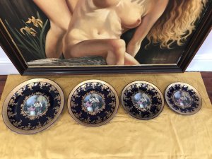 A Four Piece Collection Of Plates Depicting A 18th Century Romantic Scene Gold Decoration On A Rich Deep Royal Blue Background Embossed With Gold Floral Motifs In Iconic French Sèvres Style Stunning From The Lord Hill Museum Dimensions In Inches X Large 16” Diameter Large 14” Diameter Medium 12” Diameter Small 10” Diameter Please Note All Furniture Is Cash On Collection Or Cash On Courier Delivery Buyers Must Check Over Items On Delivery Or Collection And Once Satisfied Sign Receipt Of Satisfaction No PayPal Payments As I’ve Had To Many Disputes With Scammers Claiming Money Back Falsely Months Later