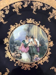 A Four Piece Collection Of Plates Depicting A 18th Century Romantic Scene Gold Decoration On A Rich Deep Royal Blue Background Embossed With Gold Floral Motifs In Iconic French Sèvres Style Stunning From The Lord Hill Museum Dimensions In Inches X Large 16” Diameter Large 14” Diameter Medium 12” Diameter Small 10” Diameter Please Note All Furniture Is Cash On Collection Or Cash On Courier Delivery Buyers Must Check Over Items On Delivery Or Collection And Once Satisfied Sign Receipt Of Satisfaction No PayPal Payments As I’ve Had To Many Disputes With Scammers Claiming Money Back Falsely Months Later