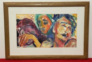 Abstract Heads Pop Art Psychedelic Study Acrylic On Board By Michael Jenkins. Circa - 1968 Study Of Artist Michael Jenkins In Laughter Self Portrait (Right Figure) With Two Muses Painted Crudely In Psychedelic Hues. The Middle Muse Figure Painted With Green Hair And Green Facial Features With Solemn Facial Expression. The Third Muse Painted In Purple Hues With Undefined Features. An Amazing Contemporary Abstract Textural Artwork In Thick Paint Brushstrokes. Set In Glazed Golden Oak Frame. Brief Artist History Michael was born in London and educated in England, Scotland and Germany. He was always interested in art from an early age and at school was given freedom and encouragement to explore his grand passion whenever possible. Aged 15, he spent three weeks alone in Florence where he apparently “discovered” Renaissance art and on his first visit to the Uffizi, he says the vision of Botticelli’s Birth of Venus was an epiphany. He has taught in schools in Oxford, Canada, Scotland and lived and worked in the Lake District since 1972, retiring in 1996. Provenance Purchased Part Of A Fine Collection Of The Artists Work From Cumbria Studio. Now Part Of The Lord Hill Museum Private Collection. Dimensions In Inches Height 15” Width 21.5”