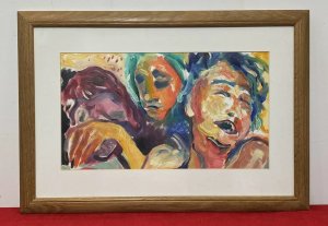Abstract Heads Pop Art Psychedelic Study Acrylic On Board By Michael Jenkins. Circa - 1968 Study Of Artist Michael Jenkins In Laughter Self Portrait (Right Figure) With Two Muses Painted Crudely In Psychedelic Hues. The Middle Muse Figure Painted With Green Hair And Green Facial Features With Solemn Facial Expression. The Third Muse Painted In Purple Hues With Undefined Features. An Amazing Contemporary Abstract Textural Artwork In Thick Paint Brushstrokes. Set In Glazed Golden Oak Frame. Brief Artist History Michael was born in London and educated in England, Scotland and Germany. He was always interested in art from an early age and at school was given freedom and encouragement to explore his grand passion whenever possible. Aged 15, he spent three weeks alone in Florence where he apparently “discovered” Renaissance art and on his first visit to the Uffizi, he says the vision of Botticelli’s Birth of Venus was an epiphany. He has taught in schools in Oxford, Canada, Scotland and lived and worked in the Lake District since 1972, retiring in 1996. Provenance Purchased Part Of A Fine Collection Of The Artists Work From Cumbria Studio. Now Part Of The Lord Hill Museum Private Collection. Dimensions In Inches Height 15” Width 21.5”