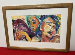 Abstract Heads Pop Art Psychedelic Study Acrylic On Board By Michael Jenkins. Circa - 1968 Study Of Artist Michael Jenkins In Laughter Self Portrait (Right Figure) With Two Muses Painted Crudely In Psychedelic Hues. The Middle Muse Figure Painted With Green Hair And Green Facial Features With Solemn Facial Expression. The Third Muse Painted In Purple Hues With Undefined Features. An Amazing Contemporary Abstract Textural Artwork In Thick Paint Brushstrokes. Set In Glazed Golden Oak Frame. Brief Artist History Michael was born in London and educated in England, Scotland and Germany. He was always interested in art from an early age and at school was given freedom and encouragement to explore his grand passion whenever possible. Aged 15, he spent three weeks alone in Florence where he apparently “discovered” Renaissance art and on his first visit to the Uffizi, he says the vision of Botticelli’s Birth of Venus was an epiphany. He has taught in schools in Oxford, Canada, Scotland and lived and worked in the Lake District since 1972, retiring in 1996. Provenance Purchased Part Of A Fine Collection Of The Artists Work From Cumbria Studio. Now Part Of The Lord Hill Museum Private Collection. Dimensions In Inches Height 15” Width 21.5”