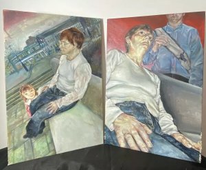 Pair Of 20th Century Contemporary Expressionist Oil Paintings After Lucian Freud Circa - 20th Century Composition - Oil On Canvas Listing Description Pair Of Finely Painted Oil On Canvas Expressionist Portraits Depicting Middle Aged Female Muse Painted By Accomplished Artist In The Style Of British Artist Lucian Freud. Fabulous Investment Artworks. Unframed. 1st Painting Title ; ' The Joys Of Grand Motherhood' Lady In Casual Clothes Sitting On Metal Bench Stares Away From Watcher. Young Girl Kneeling Playing Looking Up At the Sitter With Dazzling Eyes And Large Smile. Detailed Townscape Background. Very Fine Artwork With Impeccable Facial Expression and Detail, Hands And Hair By Skilled Artist. 2nd Painting Title ; 'The Joys Of Grand Motherhood Study' Close Up Front View Of Same Lady Muse Sitting On Metal Bench, A Male Standing Behind Her. Wonderful Use Of Light And Dark Tones. Detailed Facial Features And Clothing Movement. Dimensions In Inches Height 29 3/4" Width 20"