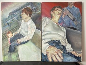 Pair Of 20th Century Contemporary Expressionist Oil Paintings After Lucian Freud Circa - 20th Century Composition - Oil On Canvas Listing Description Pair Of Finely Painted Oil On Canvas Expressionist Portraits Depicting Middle Aged Female Muse Painted By Accomplished Artist In The Style Of British Artist Lucian Freud. Fabulous Investment Artworks. Unframed. 1st Painting Title ; ' The Joys Of Grand Motherhood' Lady In Casual Clothes Sitting On Metal Bench Stares Away From Watcher. Young Girl Kneeling Playing Looking Up At the Sitter With Dazzling Eyes And Large Smile. Detailed Townscape Background. Very Fine Artwork With Impeccable Facial Expression and Detail, Hands And Hair By Skilled Artist. 2nd Painting Title ; 'The Joys Of Grand Motherhood Study' Close Up Front View Of Same Lady Muse Sitting On Metal Bench, A Male Standing Behind Her. Wonderful Use Of Light And Dark Tones. Detailed Facial Features And Clothing Movement. Dimensions In Inches Height 29 3/4" Width 20"