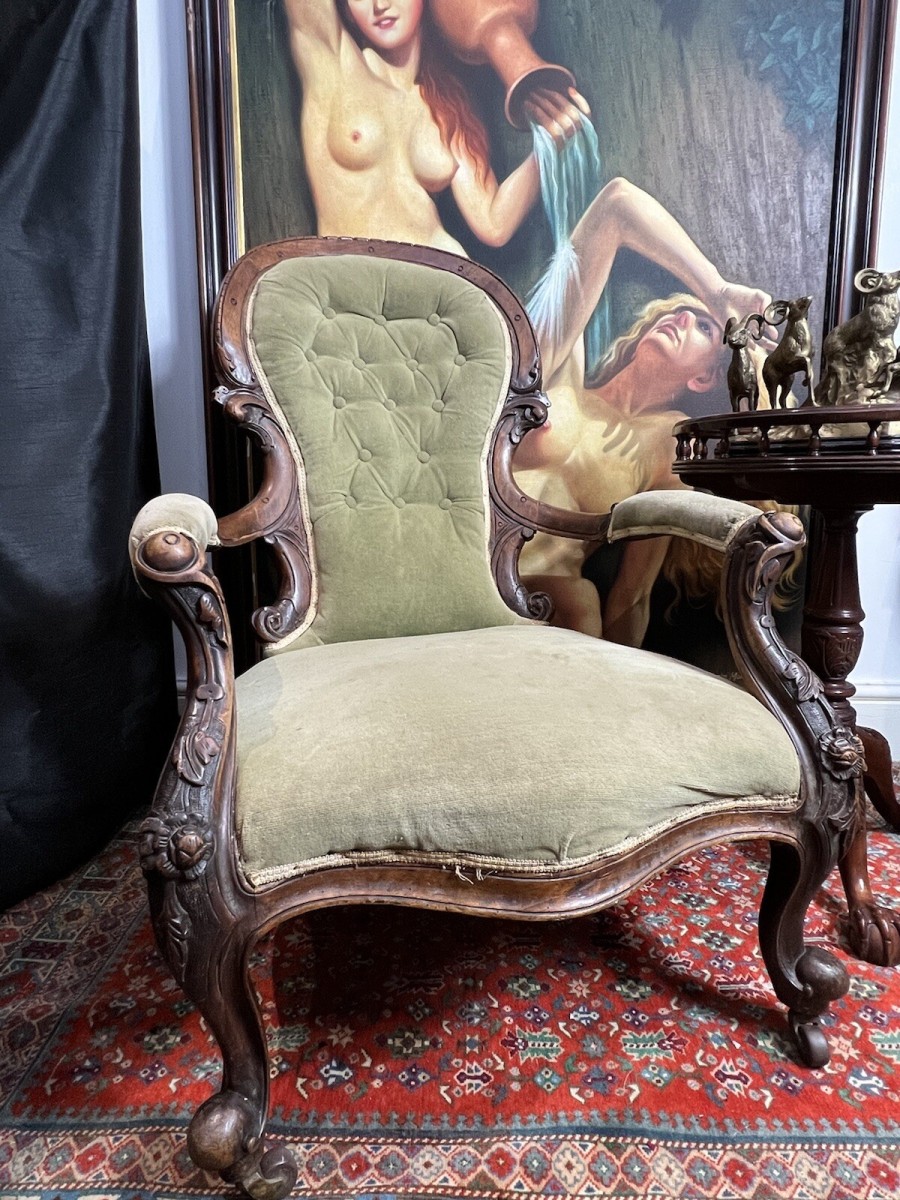 Victorian Circa 1870 Velvet Deep Buttoned Balloon Back Armchair