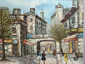 French Impressionist Parisian Street Scene Caroline Burnett Circa - 1950's Composition - Oil On Canvas Listing Description Wonderful Impressionist Oil Painting Of French Parisian High Street Scene. French Architectural Showpiece With French Ladies Of High Fashion In Bright Outfits Perusing Around The Artwork. A Central Under Bridge View Revealing Vibrant Retail Shops, Cafe's And Hotels On Roadsides. Stunning Bright Oil Painting Thought To Be The Hand Of American Parisian Street Scene Artist Caroline Burnett (1877-1950) Of The Contemporary Movement. Unsigned. Set In Contemporary Style Grey Wood Frame. Dimensions In Inches Height 22 3/4" X Width 26 3/4" For Any Further Information Please Call The Curator On 07707 488 566 Thank-You