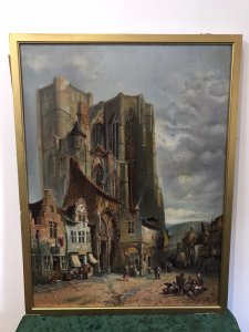 Late 19th Century French Landscape Catherdral Scene Oil On Canvas Subject ; Unusual Shaped Cathedral Village Scene With Lots Of Figures Medium ; Oil Lovely Detail With Vibrant Colours Set In Inner Frame The Original Frame Has Removed Due To Poor Condition Unsigned Pleasing Work Of Art Lovely Investment Piece Dimensions In Inches Height Width