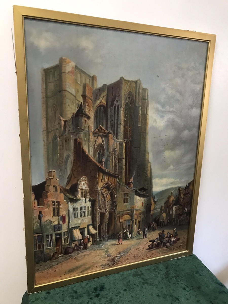 Late 19th Century French Landscape Catherdral Scene Oil On Canvas