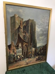 Late 19th Century French Landscape Catherdral Scene Oil On Canvas Subject ; Unusual Shaped Cathedral Village Scene With Lots Of Figures Medium ; Oil Lovely Detail With Vibrant Colours Set In Inner Frame The Original Frame Has Removed Due To Poor Condition Unsigned Pleasing Work Of Art Lovely Investment Piece Dimensions In Inches Height Width
