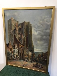 Late 19th Century French Landscape Catherdral Scene Oil On Canvas Subject ; Unusual Shaped Cathedral Village Scene With Lots Of Figures Medium ; Oil Lovely Detail With Vibrant Colours Set In Inner Frame The Original Frame Has Removed Due To Poor Condition Unsigned Pleasing Work Of Art Lovely Investment Piece Dimensions In Inches Height Width