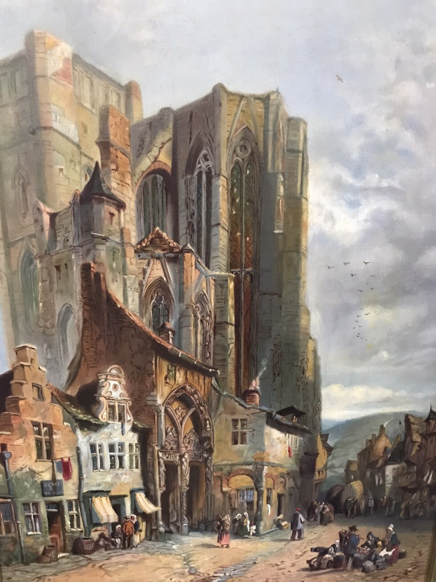 Late 19th Century French Landscape Catherdral Scene Oil On Canvas