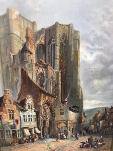 Late 19th Century French Landscape Catherdral Scene Oil On Canvas Subject ; Unusual Shaped Cathedral Village Scene With Lots Of Figures Medium ; Oil Lovely Detail With Vibrant Colours Set In Inner Frame The Original Frame Has Removed Due To Poor Condition Unsigned Pleasing Work Of Art Lovely Investment Piece Dimensions In Inches Height Width