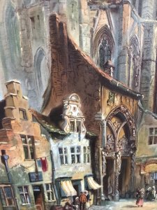 Late 19th Century French Landscape Catherdral Scene Oil On Canvas Subject ; Unusual Shaped Cathedral Village Scene With Lots Of Figures Medium ; Oil Lovely Detail With Vibrant Colours Set In Inner Frame The Original Frame Has Removed Due To Poor Condition Unsigned Pleasing Work Of Art Lovely Investment Piece Dimensions In Inches Height Width