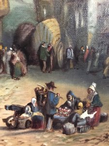 Late 19th Century French Landscape Catherdral Scene Oil On Canvas Subject ; Unusual Shaped Cathedral Village Scene With Lots Of Figures Medium ; Oil Lovely Detail With Vibrant Colours Set In Inner Frame The Original Frame Has Removed Due To Poor Condition Unsigned Pleasing Work Of Art Lovely Investment Piece Dimensions In Inches Height Width