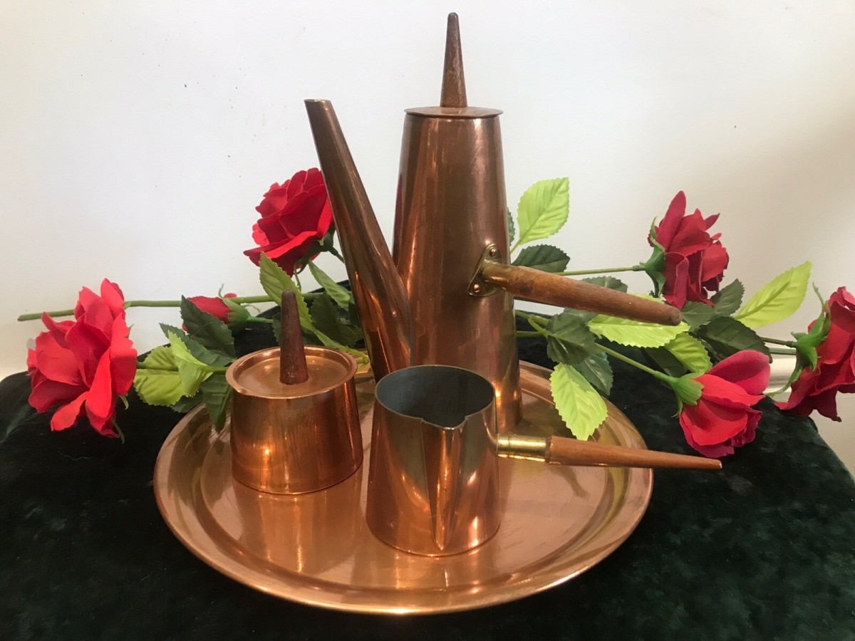 Primary image for Vintage Arts And Crafts Conical Shaped Copper 4 Pcs Coffee Set By Argy Europe