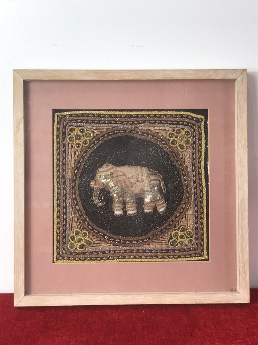 Primary image for Beautiful Indian Applique Tapestry Of Elephant In Bleaches Oak Box Frame