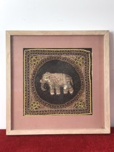 Beautiful Indian Applique Tapestry Of Elephant In Bleaches Oak Box Frame. Hand Woven Silks And Hessian Thread Tapestry Of A Centralised Elephant In Black Circular Boarder With Contrasting Decorative Boarders Surrounding In Delicate Glass Bread Work, Sequins And Decorative Embroidery Stitch Work. Set In Fine Bleached Oak Frame. Beautiful Hand Woven Tapestry And Appliqué Work. Elephants In Hinduism And The Indian Culture A re Simnolic Of Intellectual And Earthly Mental Strength.It Is A Sacred Animal And Is Considered The Representation Or Living Incarnation Of Ganesha, The Elephant Headed Deity Rising A Mouse. Originally From Calcutta. Collectors Piece Dimensions In Inches Height Width Depth