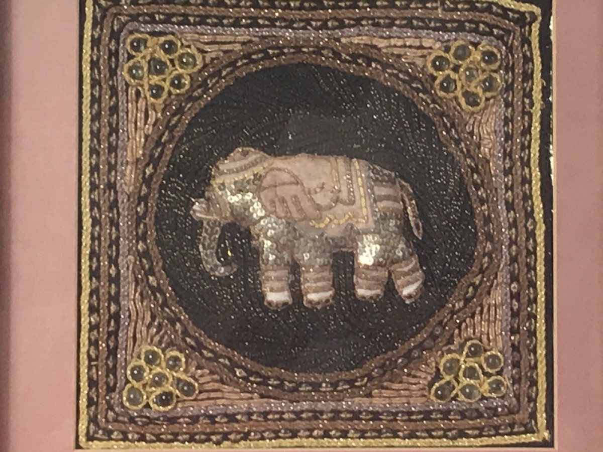 Beautiful Indian Applique Tapestry Of Elephant In Bleaches Oak Box Frame