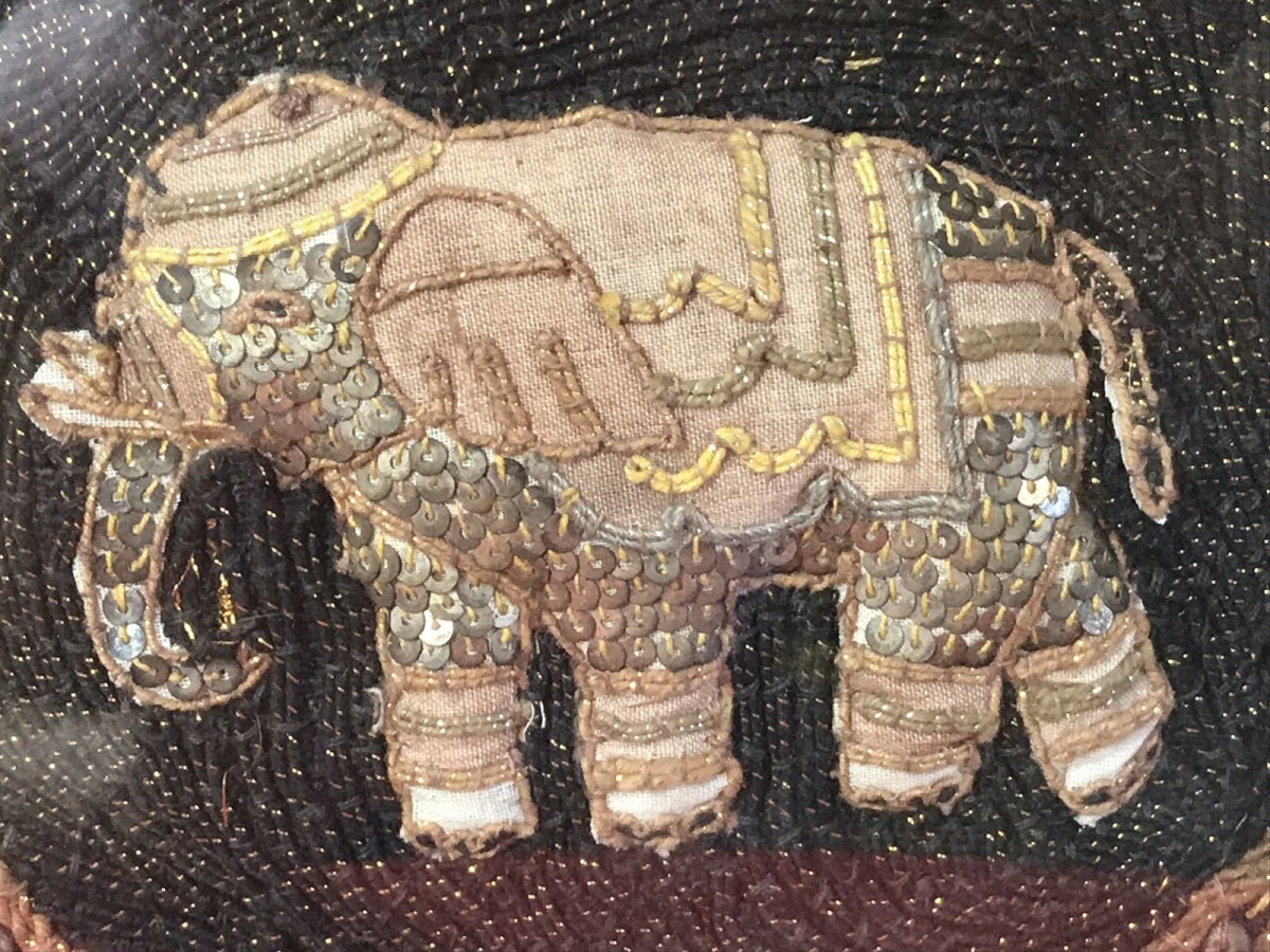 Beautiful Indian Applique Tapestry Of Elephant In Bleaches Oak Box Frame