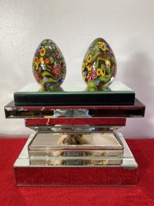 Rare Pair Of Baccarat Multi Coloured Modular Globe Domed Paper Weights. A Pair Of Egg Shaped Contoured Paper Weights With Domed Top. Inside The Globe Module A Stunning Brightly Coloured Floral Display. Hand Crafted Paper Weights Rare And Exciting Items. Fabulous Quality Heavy And Very Interesting Collectors Items. Provenance Part Of Large New York Collectors Lot And Now Part Of Lord Hill Museum Collection. Dimensions In Inches Height 4” Width 3 3/4”