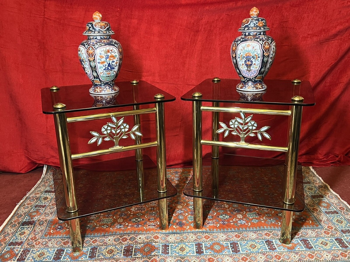 Primary image for Pair Of Italian Designer Brass Maritime Side Tables With Pearl Inlaid Bouquets