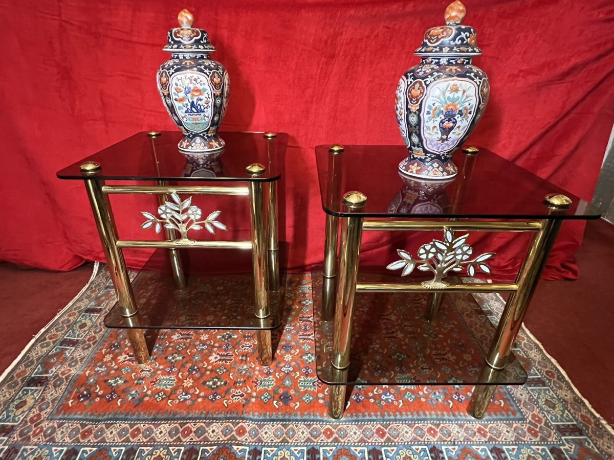 Pair Of Italian Designer Brass Maritime Side Tables With Pearl Inlaid Bouquets