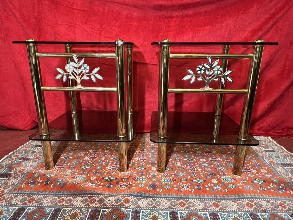 Pair Of Italian Designer Brass Maritime Side Tables With Pearl Inlaid Bouquets
