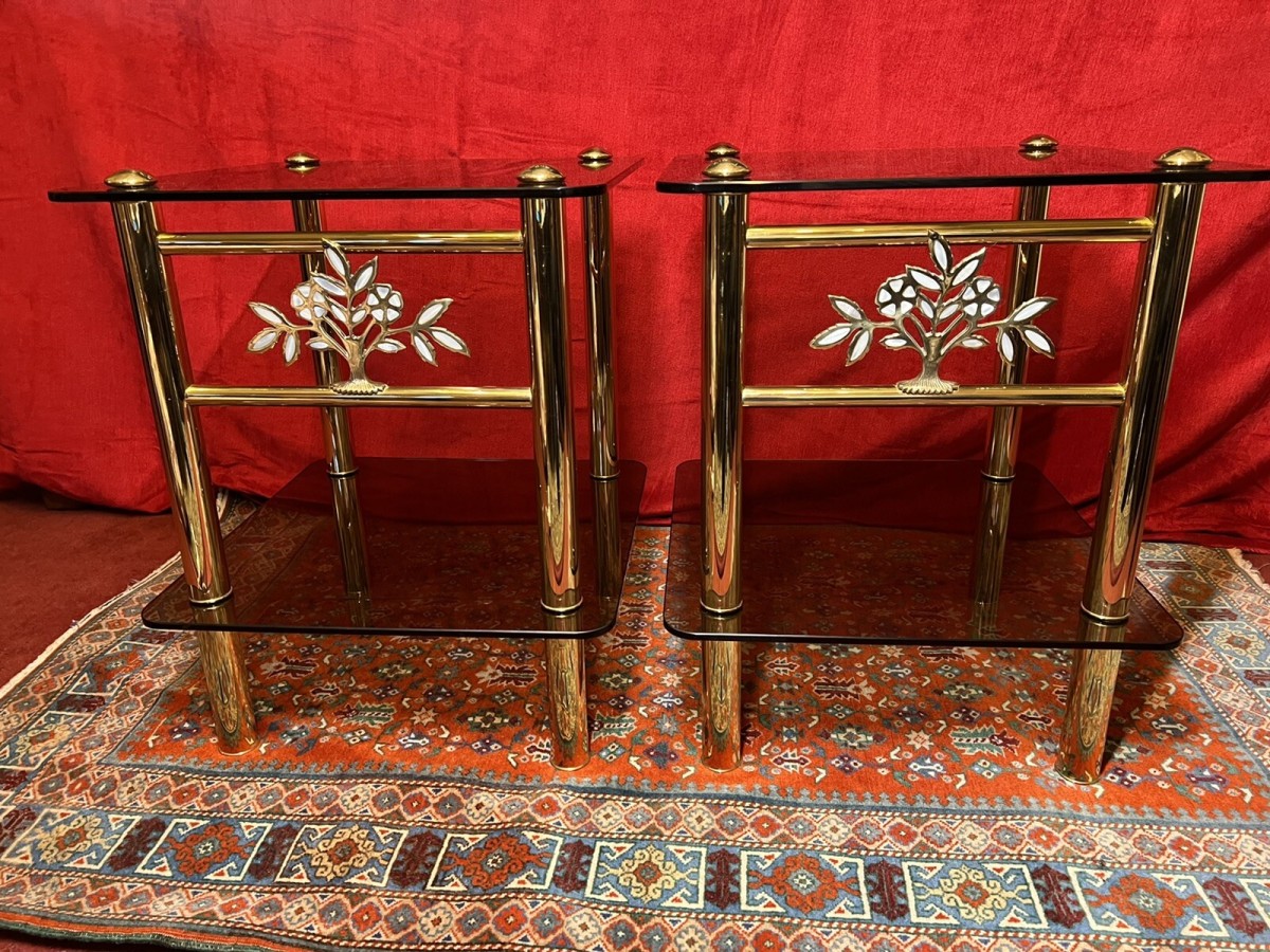 Pair Of Italian Designer Brass Maritime Side Tables With Pearl Inlaid Bouquets