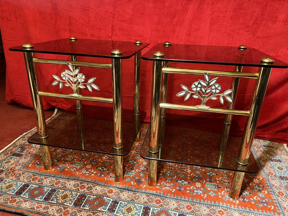 Pair Of Italian Designer Brass Maritime Side Tables With Pearl Inlaid Bouquets